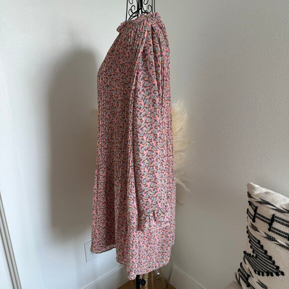 Melloday Pink Floral Pleated Long Sleeve Swing Mini Dress Small - Picture 2 of 8